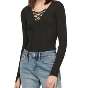 AllSaints XS Charcoal Grey Ribbed Lace Up V Neck Long Sleeve Top Knit Sweater